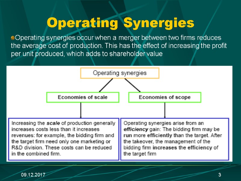 09.12.2017 3 Operating Synergies Operating synergies occur when a merger between two firms reduces